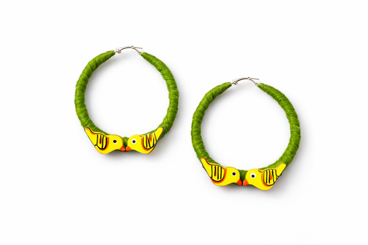 Handmade Twin Bird Folk Art Hoop Earrings